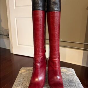Tory Burch Two-Tone Over-the-Knee Leather Boots in Red and Black